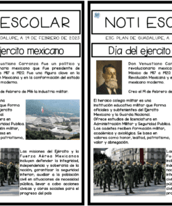 Dos boletines idénticos titulados "Noti Escolar" con el tema "Día del ejército mexicano". Presentan un retrato de Don Venustiano Carranza, una descripción de la creación del ejército y una imagen de soldados marchando en formación.